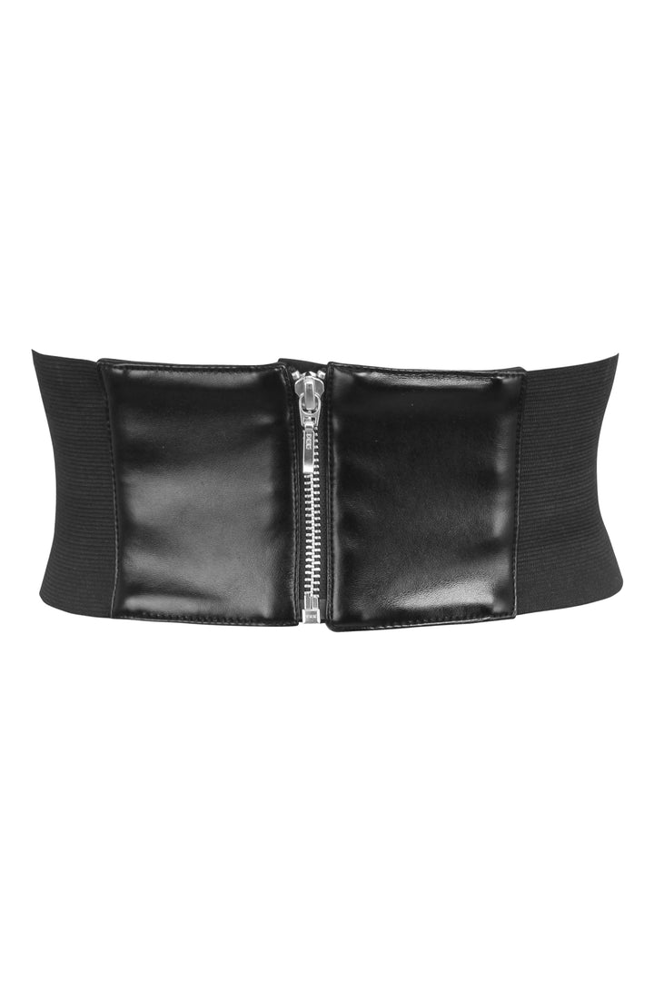 Joni Red Brocade & Black Faux Leather Belt with Zip