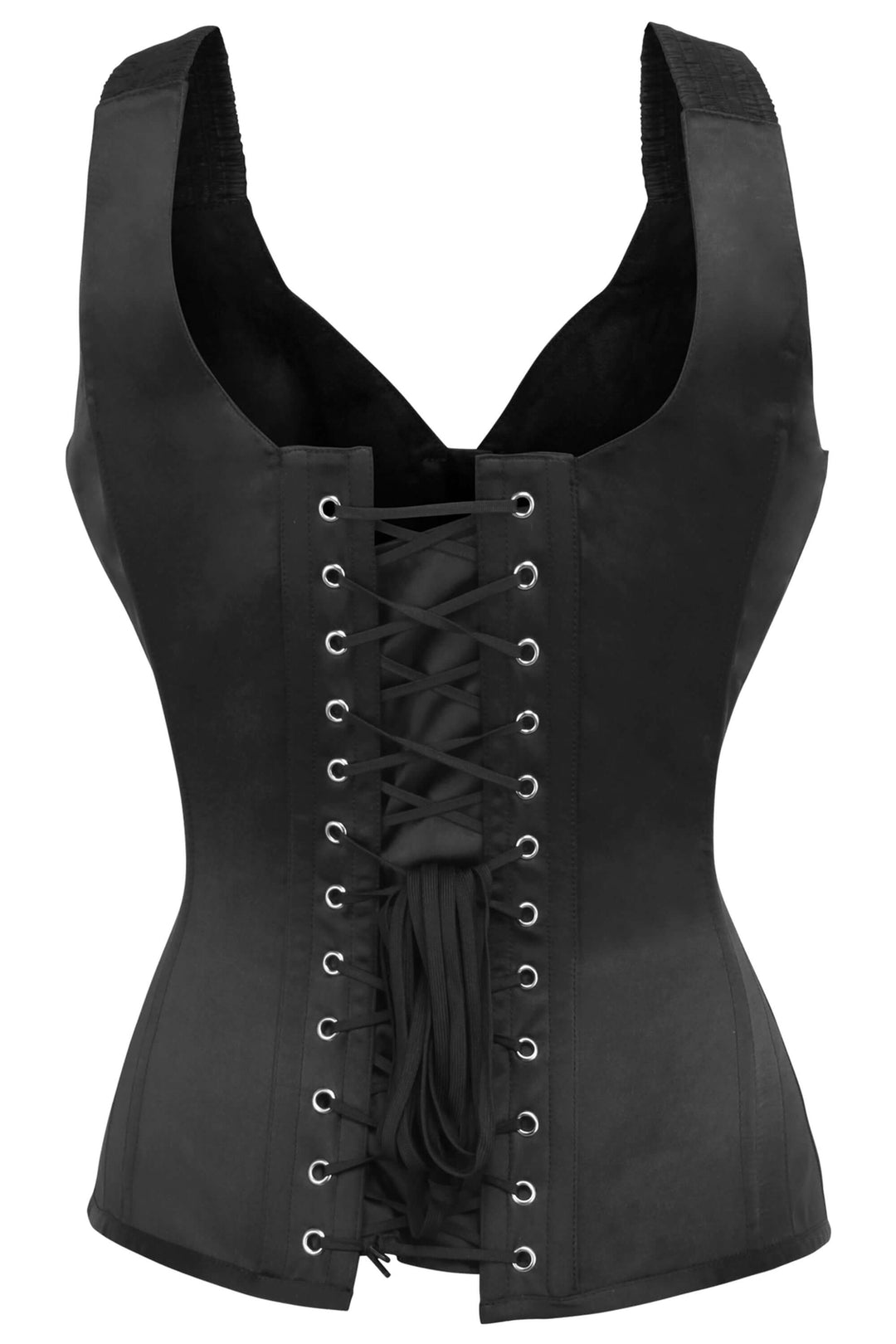 Vikil Black Satin Overbust Corset with Shoulder Straps and Zip