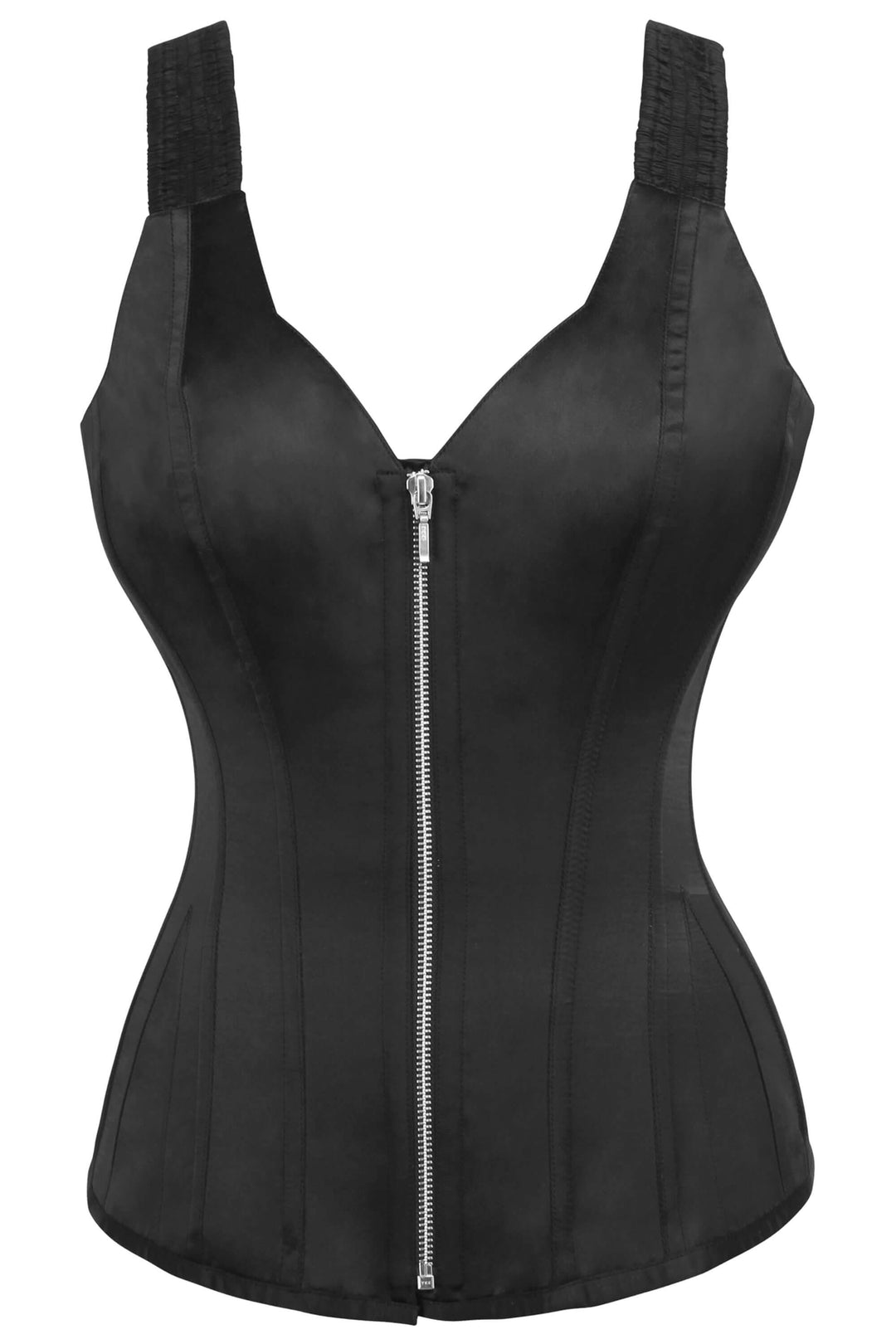 Vikil Black Satin Overbust Corset with Shoulder Straps and Zip