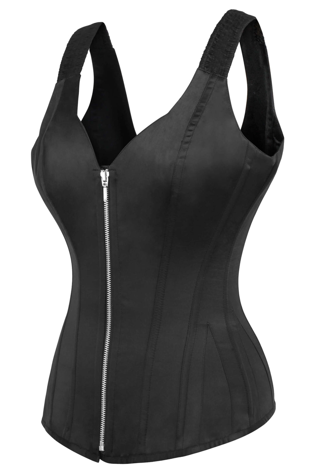 Vikil Black Satin Overbust Corset with Shoulder Straps and Zip