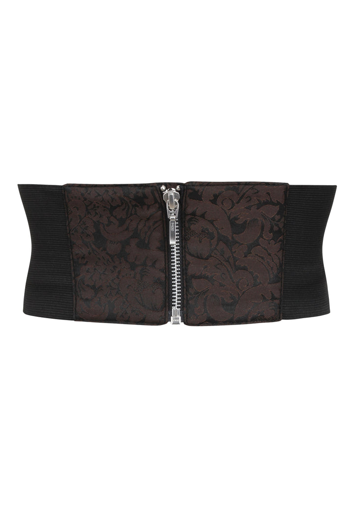 Joni Red Brocade & Black Faux Leather Belt with Zip