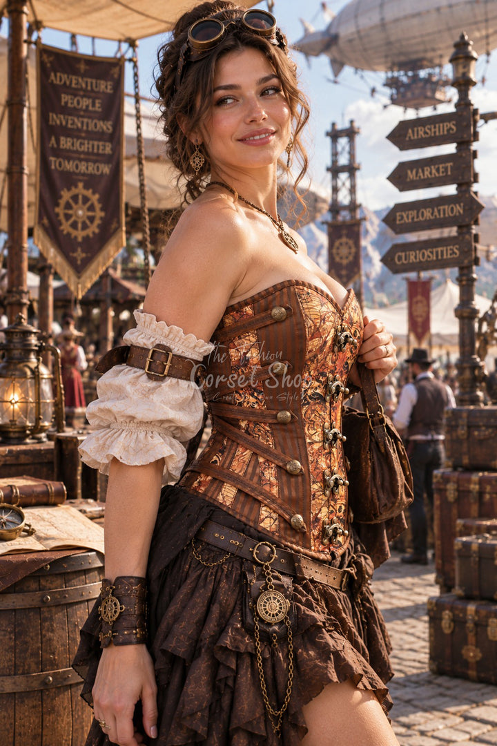 Bartram Digital Print With Brown Brocade Overbust Corset