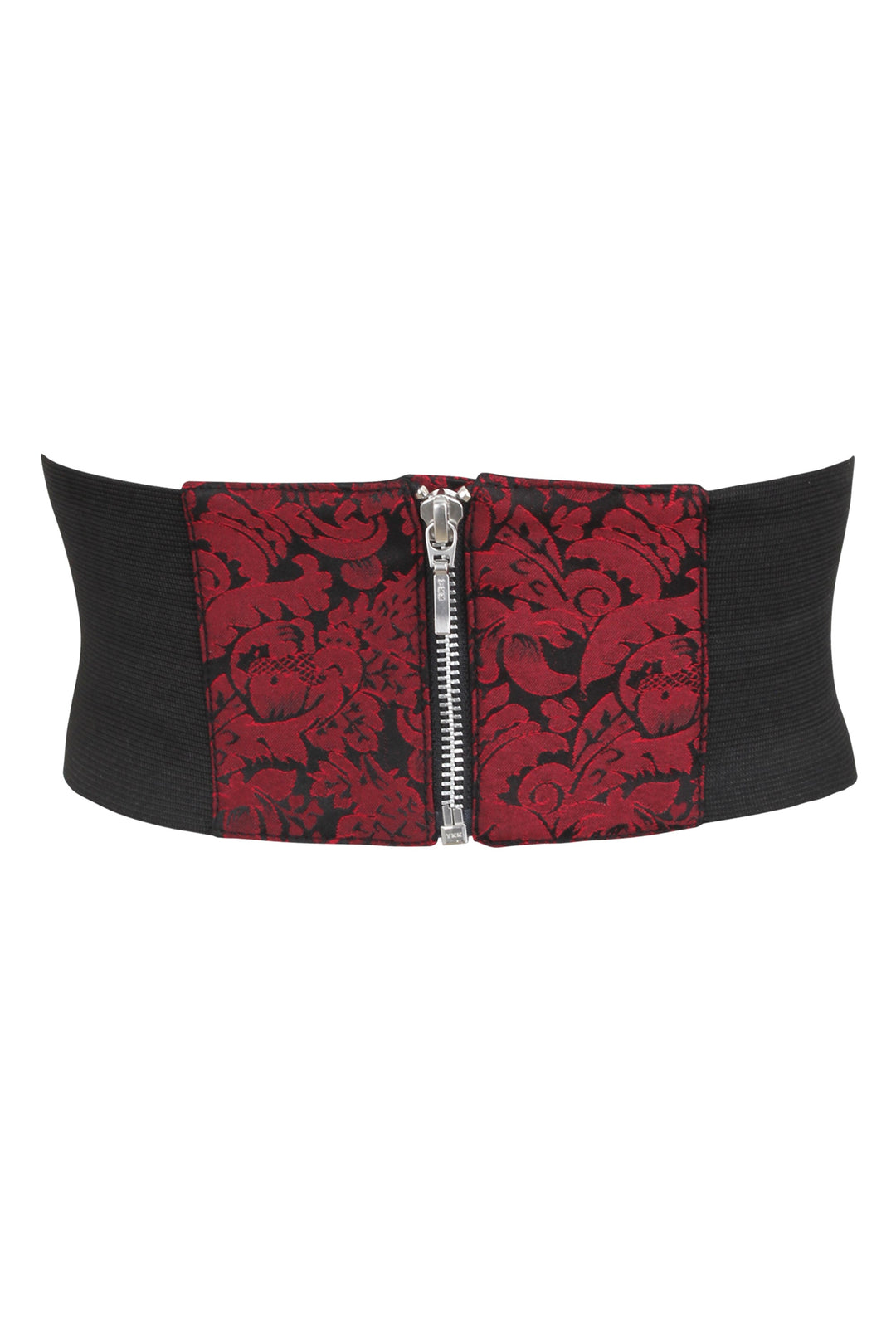 Joni Red Brocade & Black Faux Leather Belt with Zip