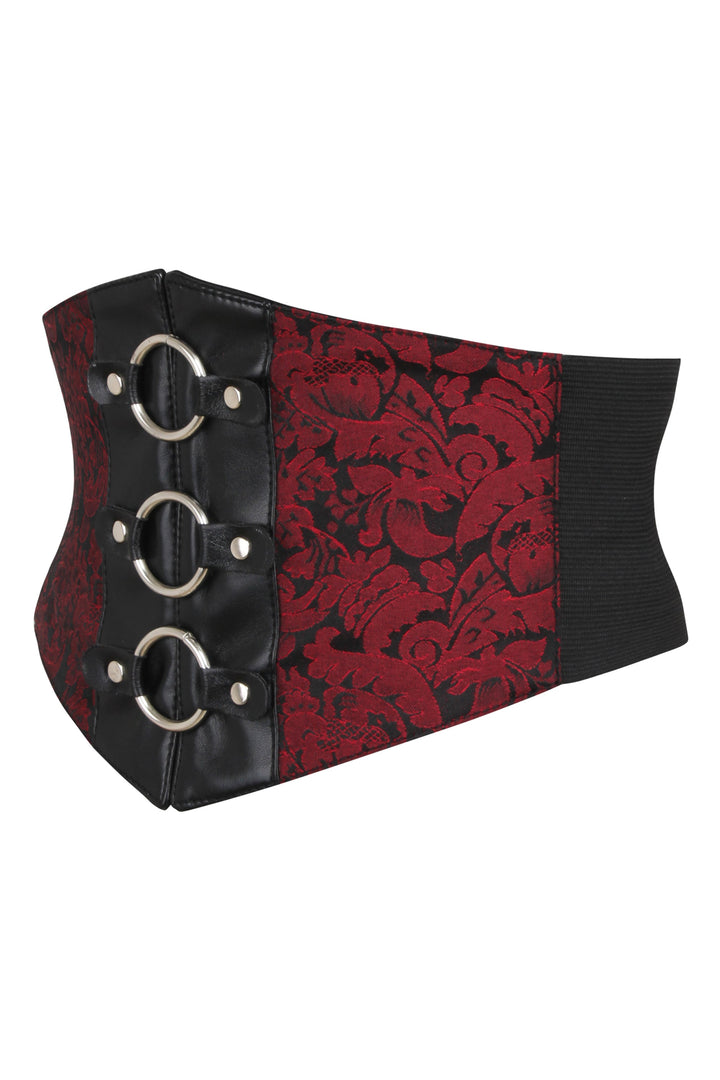 Joni Red Brocade & Black Faux Leather Belt with Zip