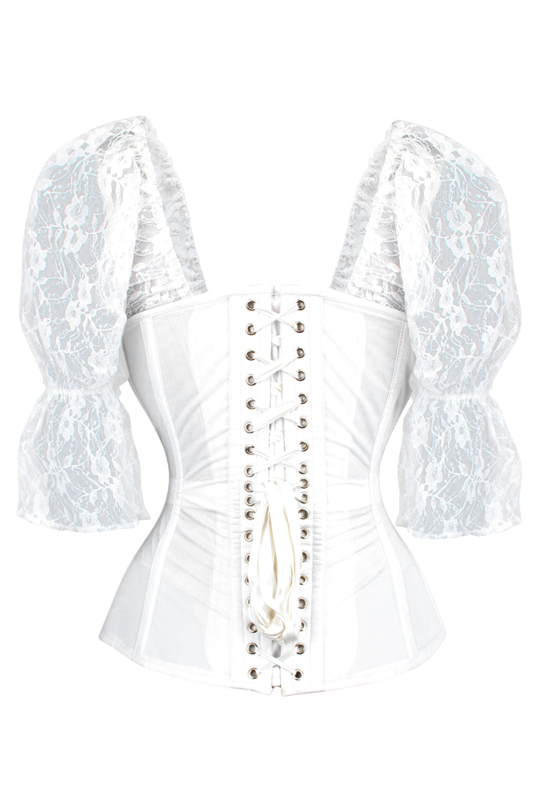 Janesan White Mesh Bridal Overbust Corset with Lace Sleeves