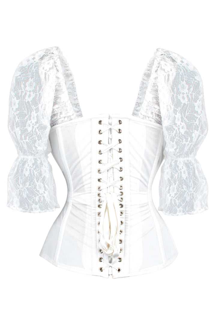 Janesan White Mesh Bridal Overbust Corset with Lace Sleeves