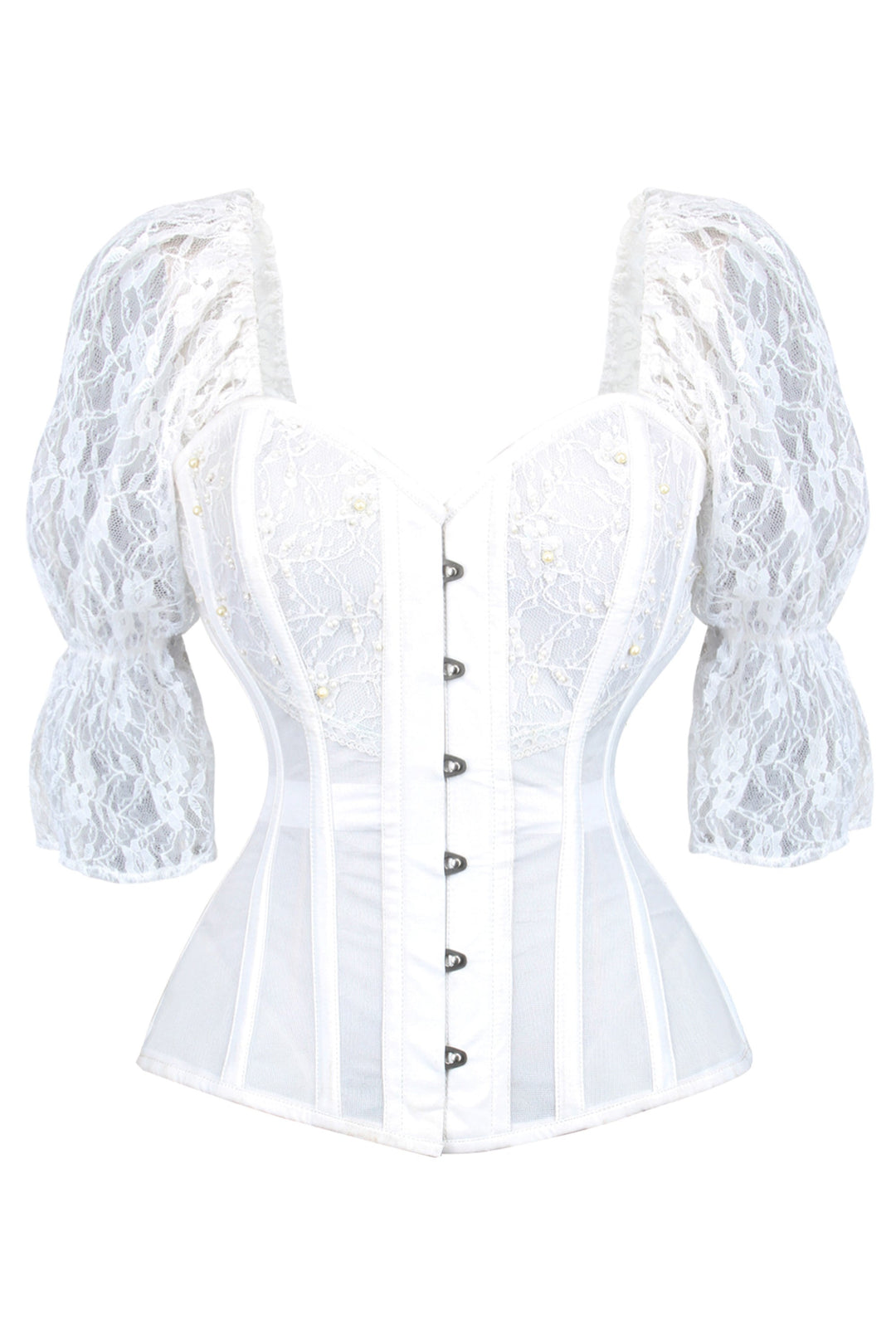 Janesan White Mesh Bridal Overbust Corset with Lace Sleeves