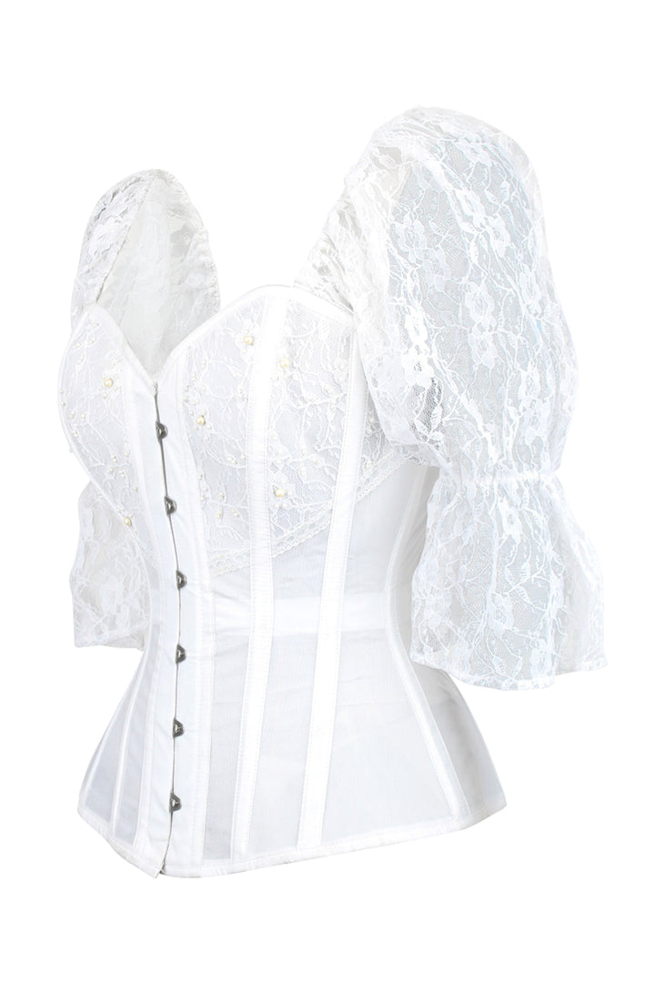 Janesan White Mesh Bridal Overbust Corset with Lace Sleeves